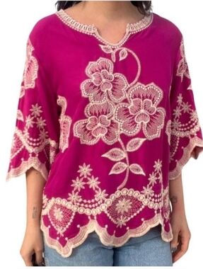 Solitaire Fuchsia Floral Embroidered Asymmetrical Oversized Boho Top Large